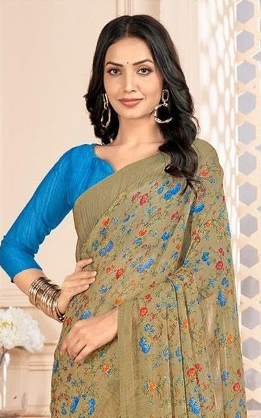 Floral Print, Graphic Print Kalamkari Chiffon, Georgette Saree (Brown)