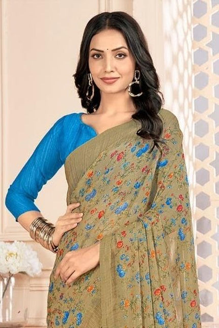 Floral Print, Graphic Print Kalamkari Chiffon, Georgette Saree (Brown)