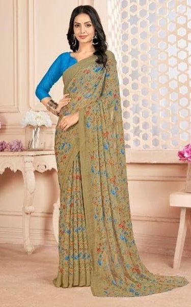 Floral Print, Graphic Print Kalamkari Chiffon, Georgette Saree (Brown)