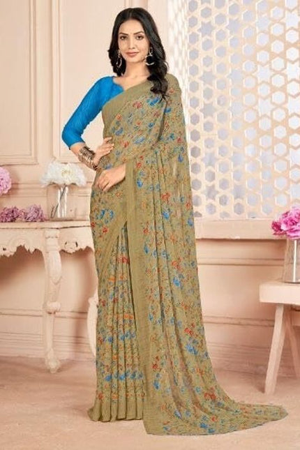 Floral Print, Graphic Print Kalamkari Chiffon, Georgette Saree (Brown)