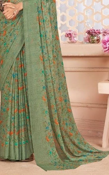 Printed Bollywood Chiffon, Georgette Saree (Olive Green)