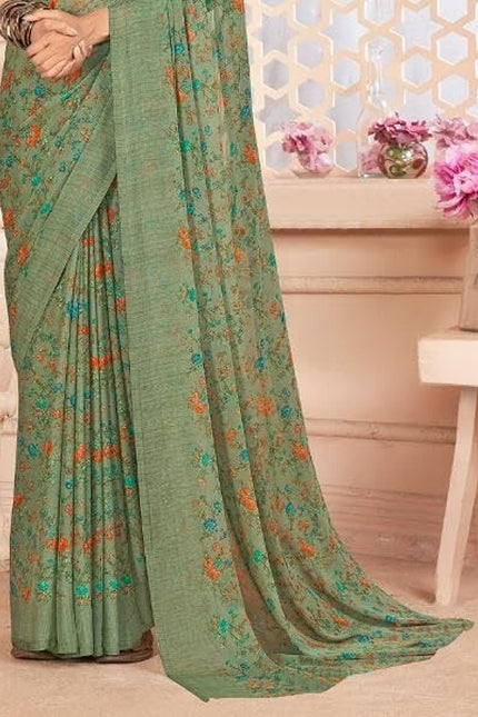 Floral Print, Graphic Print Kalamkari Chiffon, Georgette Saree (Olive Green)