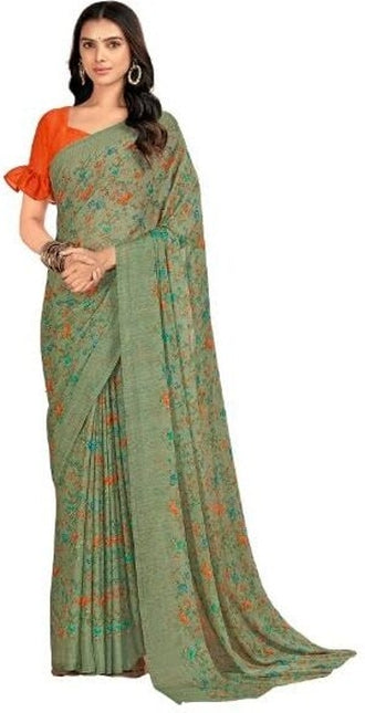 Floral Print, Graphic Print Kalamkari Chiffon, Georgette Saree (Olive Green)