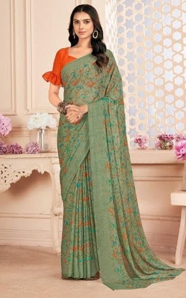 Printed Bollywood Chiffon, Georgette Saree (Olive Green)