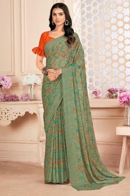 Floral Print, Graphic Print Kalamkari Chiffon, Georgette Saree (Olive Green)
