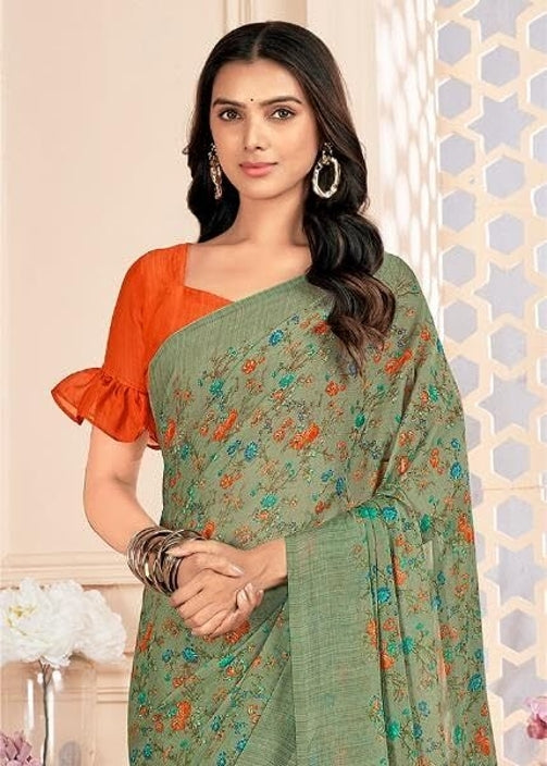 Floral Print, Graphic Print Kalamkari Chiffon, Georgette Saree (Olive Green)