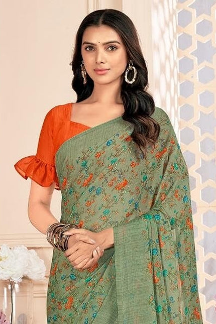 Floral Print, Graphic Print Kalamkari Chiffon, Georgette Saree (Olive Green)