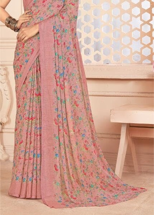 Floral Print, Graphic Print Kalamkari Chiffon, Georgette Saree (Coral Blush)
