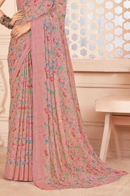 Floral Print, Graphic Print Kalamkari Chiffon, Georgette Saree (Coral Blush)