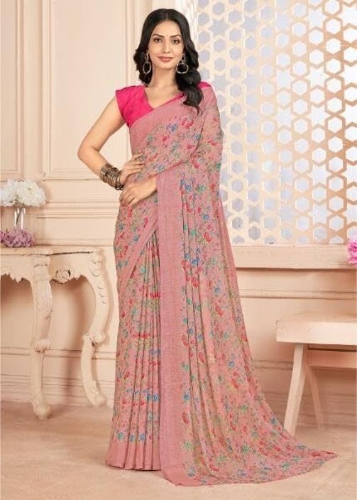 Floral Printed Chiffon Georgette Saree (Brown Camel)