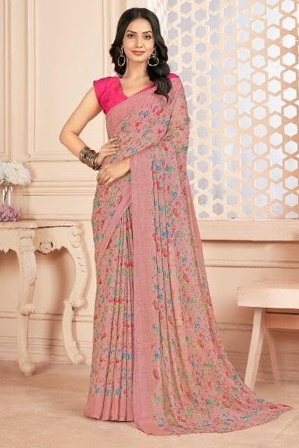 Floral Print, Graphic Print Kalamkari Chiffon, Georgette Saree (Coral Blush)