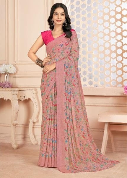 Floral Print, Graphic Print Kalamkari Chiffon, Georgette Saree (Coral Blush)