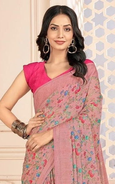 Floral Print, Graphic Print Kalamkari Chiffon, Georgette Saree (Brown Camel)