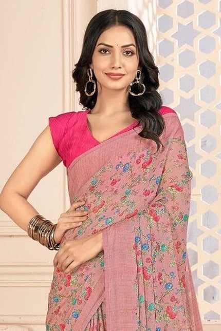 Floral Print, Graphic Print Kalamkari Chiffon, Georgette Saree (Brown Camel)