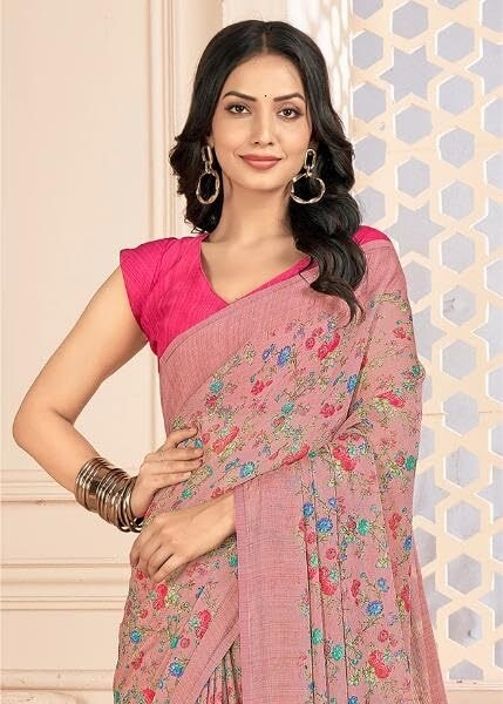 Floral Printed Chiffon Georgette Saree (Brown Camel)