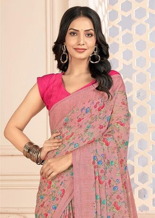 Floral Print, Graphic Print Kalamkari Chiffon, Georgette Saree (Coral Blush)