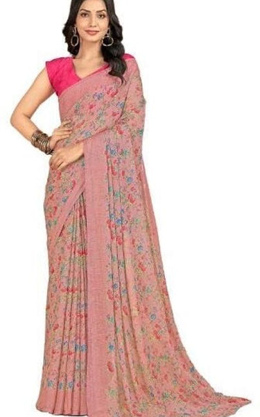 Floral Print, Graphic Print Kalamkari Chiffon, Georgette Saree (Brown Camel)