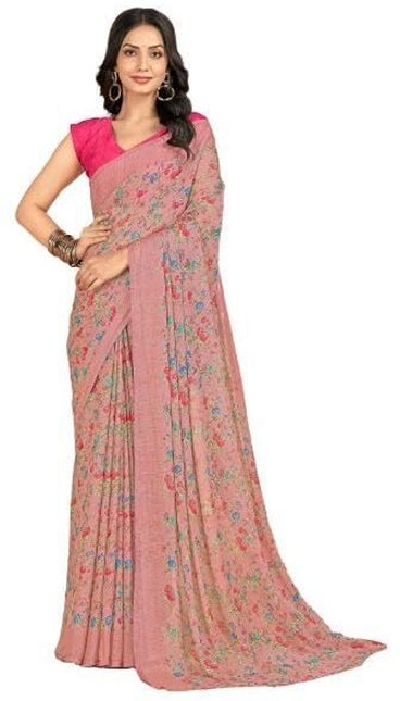 Floral Print, Graphic Print Kalamkari Chiffon, Georgette Saree (Coral Blush)