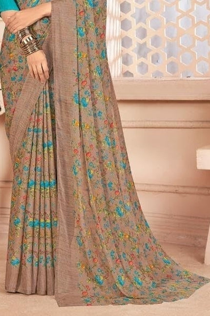 Floral Print Kalamkari Chiffon, Georgette Saree (Multicolor)
