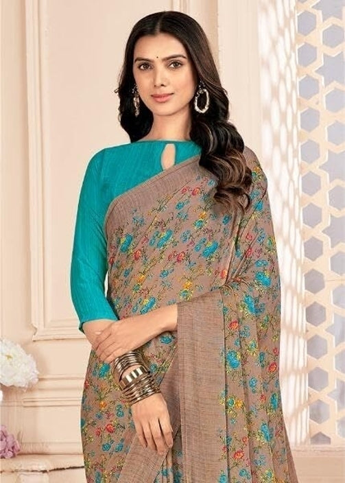 Floral Print Kalamkari Chiffon, Georgette Saree (Multicolor)