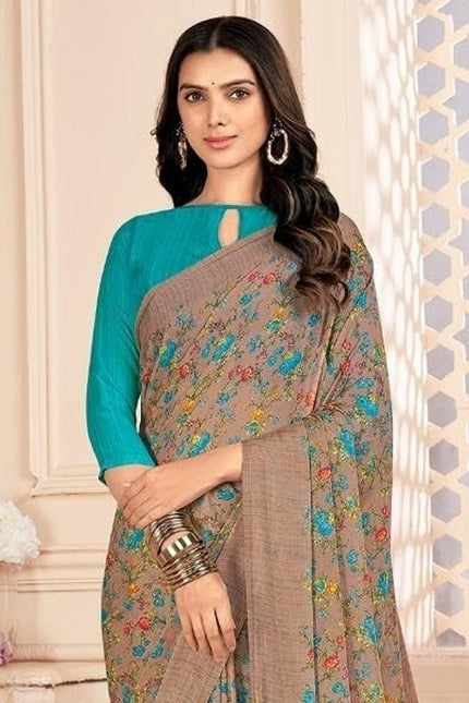 Floral Print Kalamkari Chiffon, Georgette Saree (Multicolor)