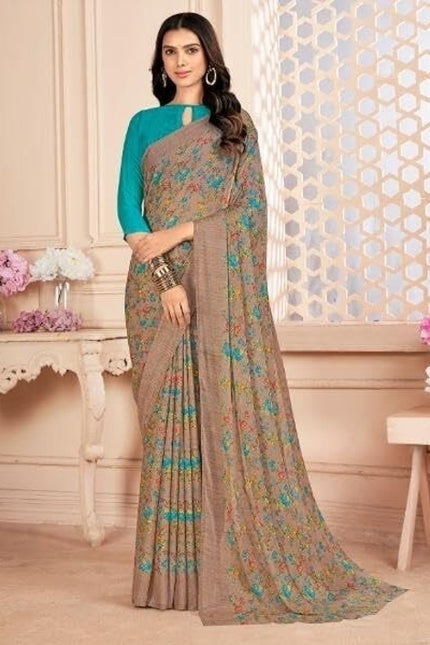 Floral Print Kalamkari Chiffon, Georgette Saree (Multicolor)