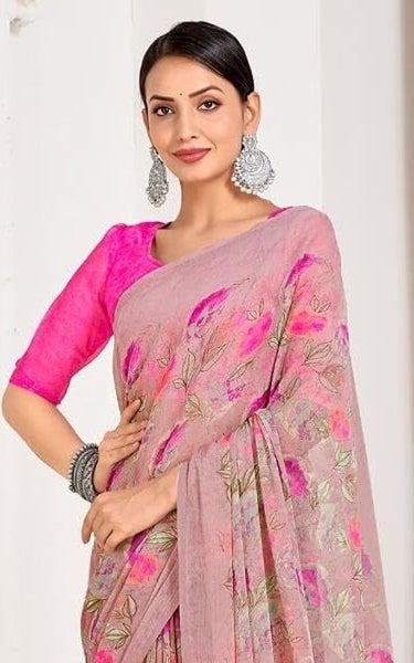 Floral Print, Graphic Print Kalamkari Chiffon, Georgette Saree (Sage Green)