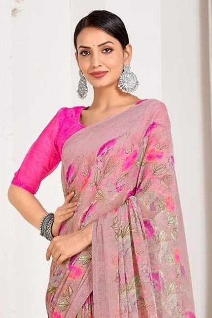 Floral Print, Graphic Print Kalamkari Chiffon, Georgette Saree (Sage Green)