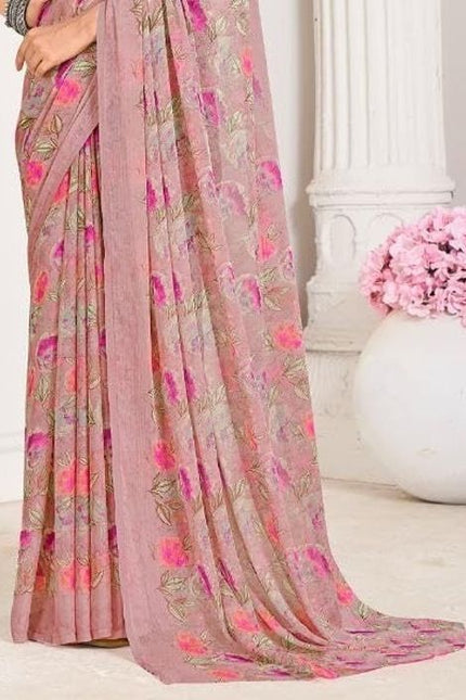 Floral Print, Graphic Print Kalamkari Chiffon, Georgette Saree (Sage Green)