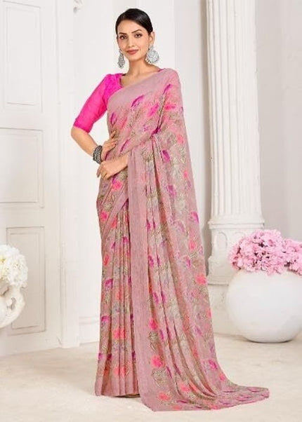 Floral Print, Graphic Print Kalamkari Chiffon, Georgette Saree (Sage Green)