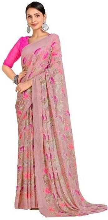 Floral Print Chiffon Georgette Saree (Pink)