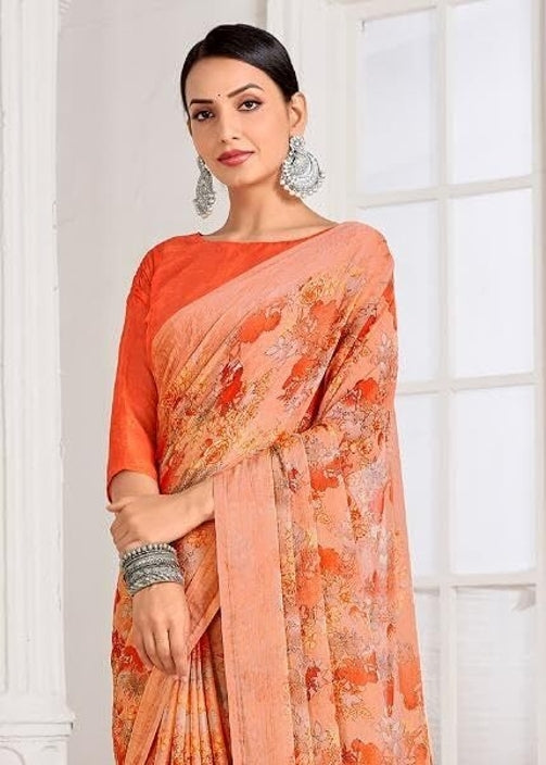 Floral Print, Graphic Print, Printed Bollywood Chiffon, Georgette Saree (Orange)