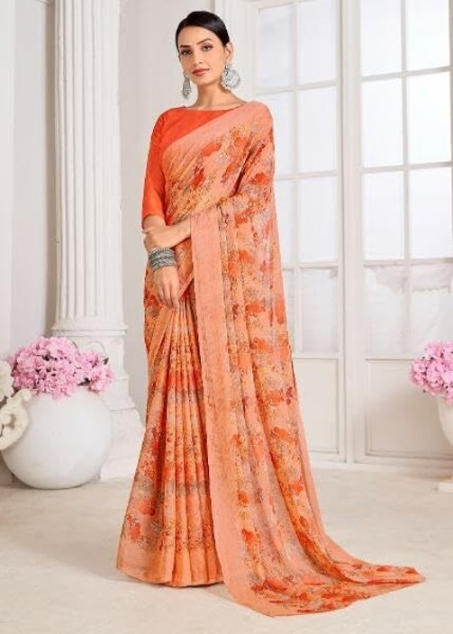 Floral Print, Graphic Print, Printed Bollywood Chiffon, Georgette Saree (Orange)