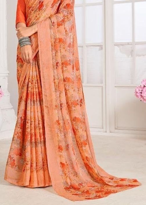 Floral Print Chiffon Georgette Saree (Orange)