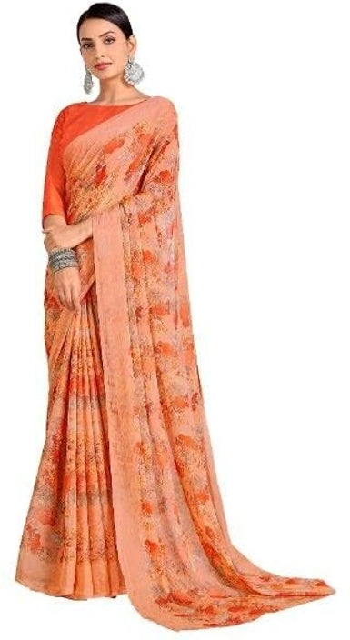 Floral Print, Graphic Print, Printed Bollywood Chiffon, Georgette Saree (Orange)