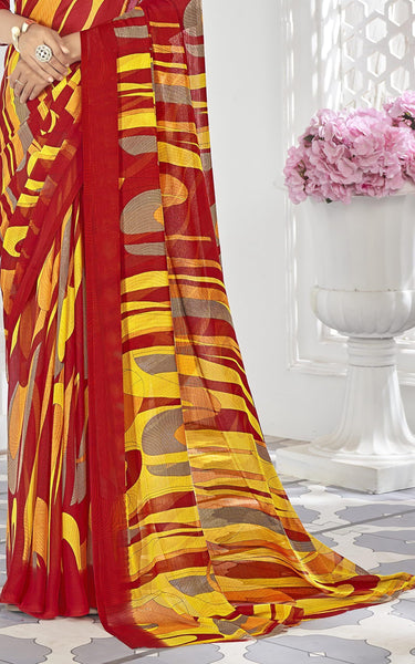 Contrast Flower Printed, Chiffon Saree (White & Brown)