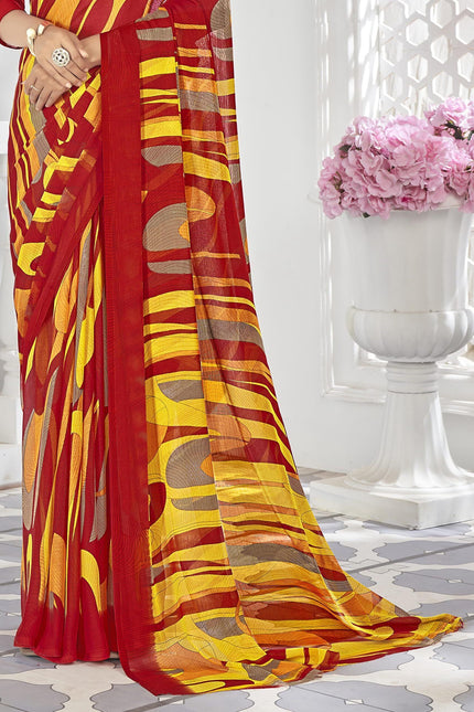 Contrast Flower Printed, Chiffon Saree (White & Brown)