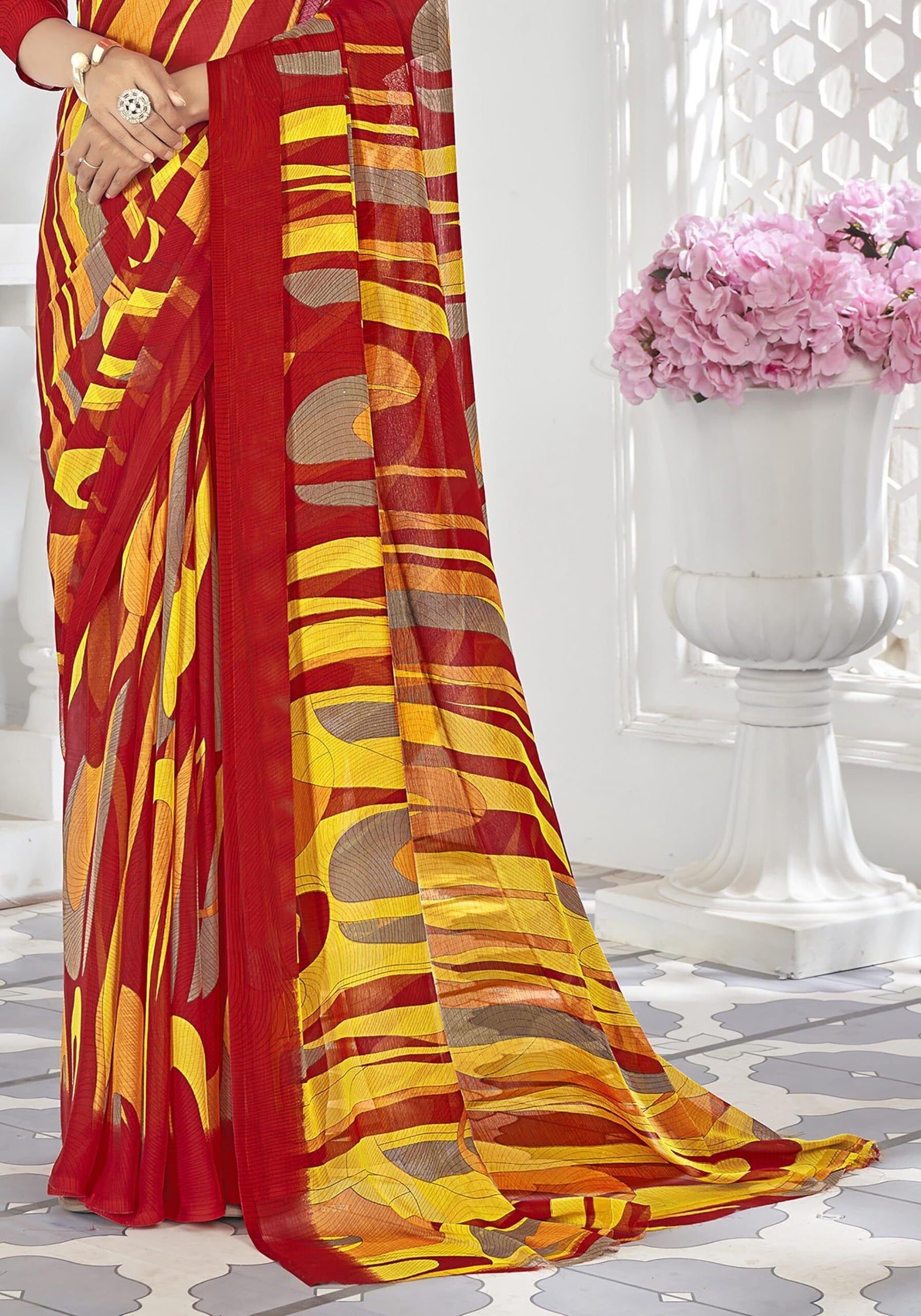 Geometric Print, Graphic Print Bollywood Chiffon Georgette Saree (Red & Yellow)