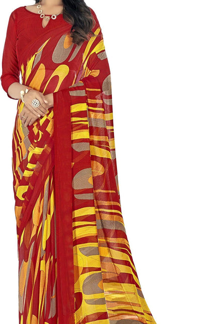 Contrast Flower Printed, Chiffon Saree (White & Brown)
