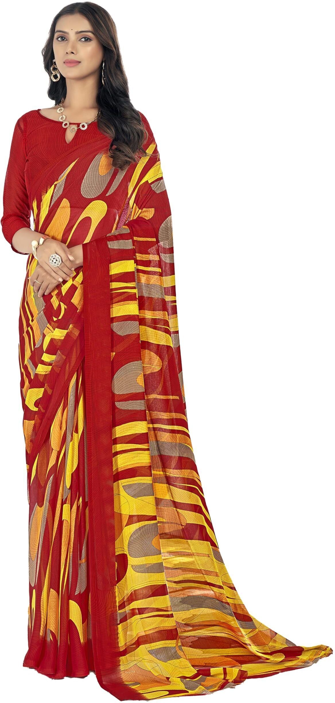 Geometric Print, Graphic Print Bollywood Chiffon Georgette Saree (Red & Yellow)