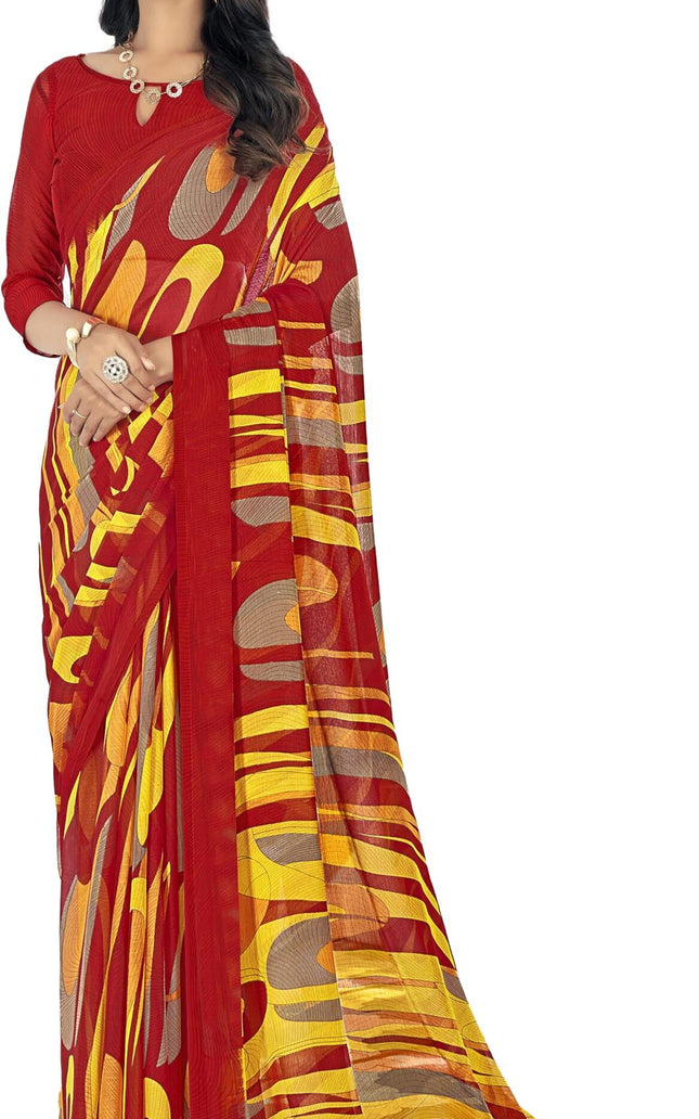 Digital Print, Geometric Print, Graphic Print Bollywood Chiffon, Georgette Saree (Red)