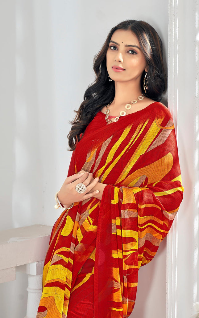 Digital Print, Geometric Print, Graphic Print Bollywood Chiffon, Georgette Saree (Red)