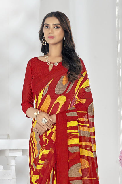 Contrast Flower Printed, Chiffon Saree (White & Brown)