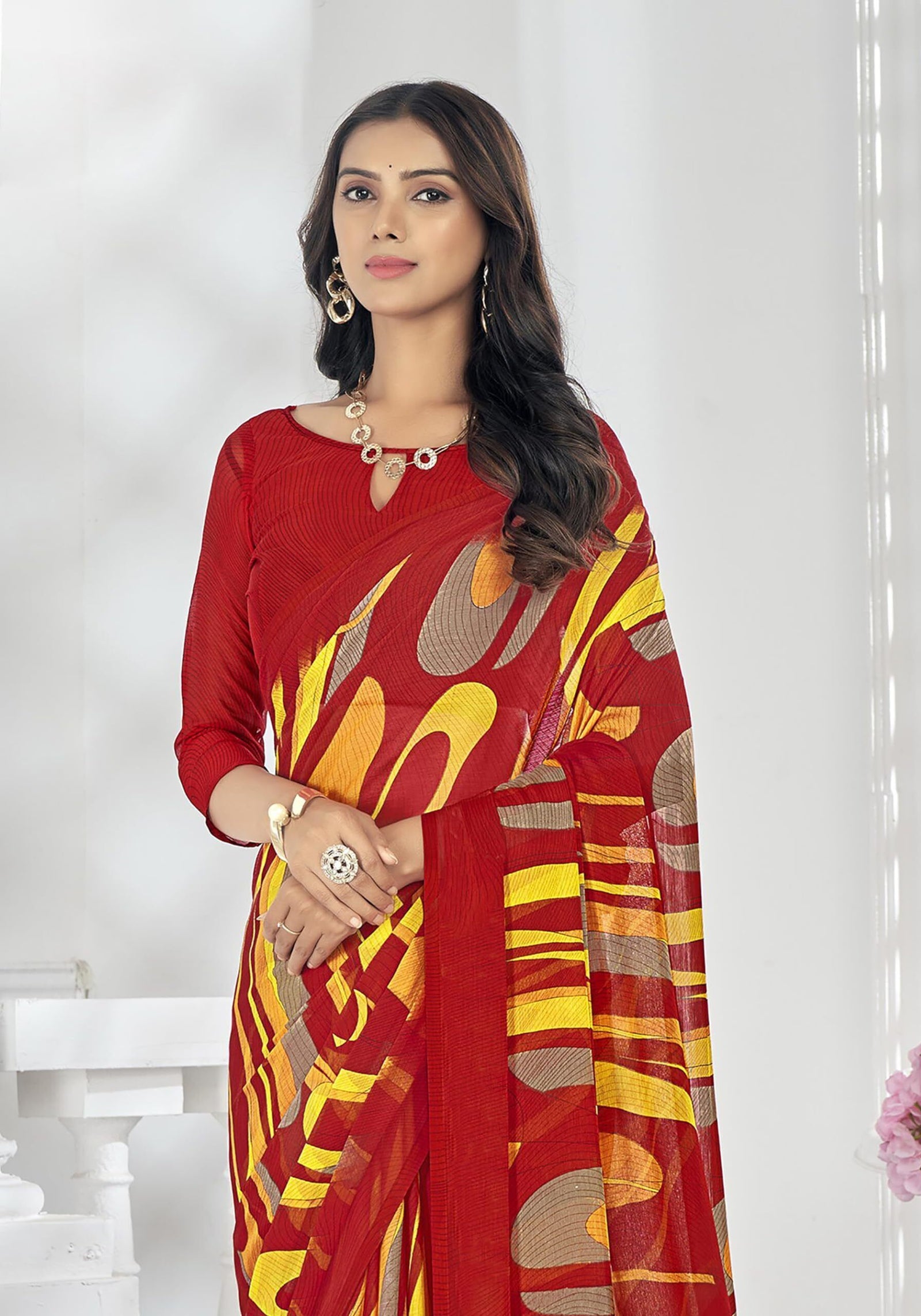 Geometric Print, Graphic Print Bollywood Chiffon Georgette Saree (Red & Yellow)