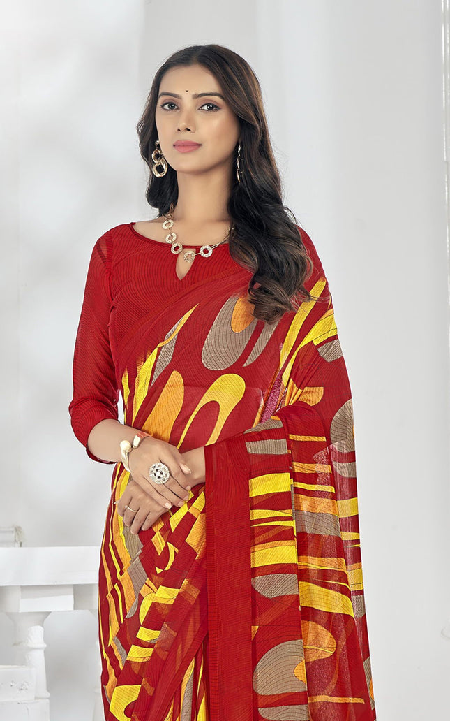 Digital Print, Geometric Print, Graphic Print Bollywood Chiffon, Georgette Saree (Red)