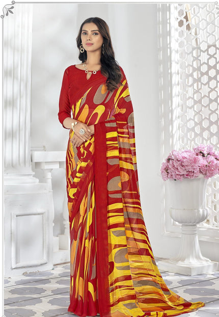 Contrast Flower Printed, Chiffon Saree (White & Brown)