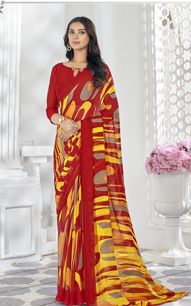 Digital Print, Geometric Print, Graphic Print Bollywood Chiffon, Georgette Saree (Red)