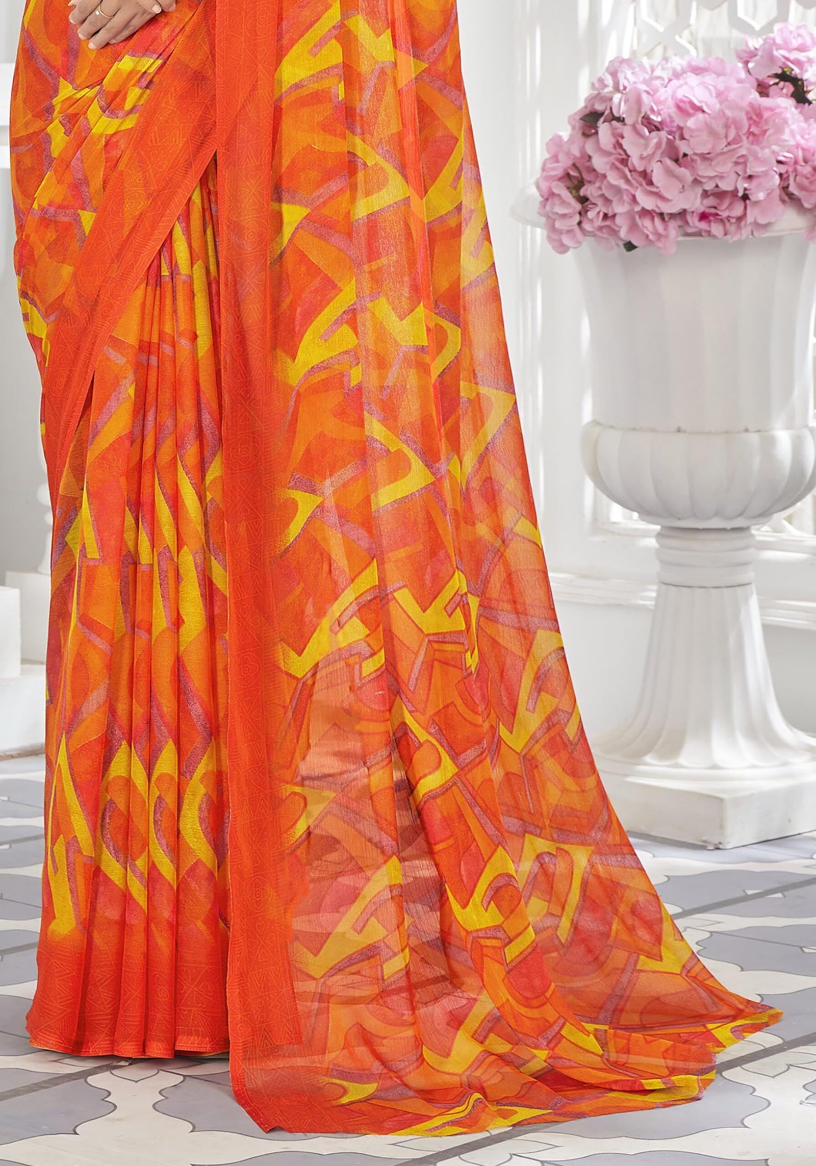Graphic Print, Printed Bollywood Chiffon, Georgette Saree (Orange)