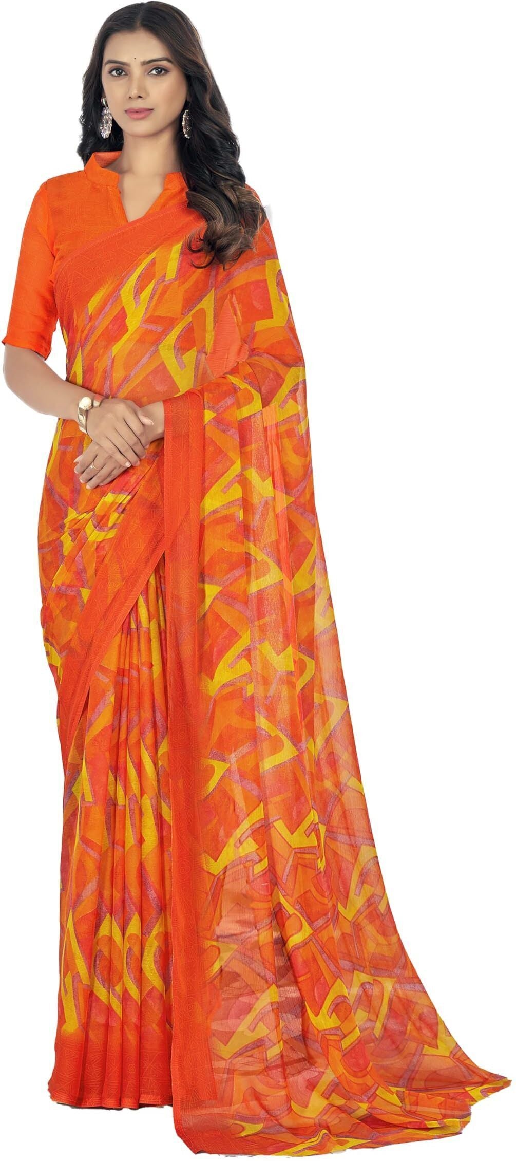 Graphic Print, Printed Bollywood Chiffon, Georgette Saree (Orange)