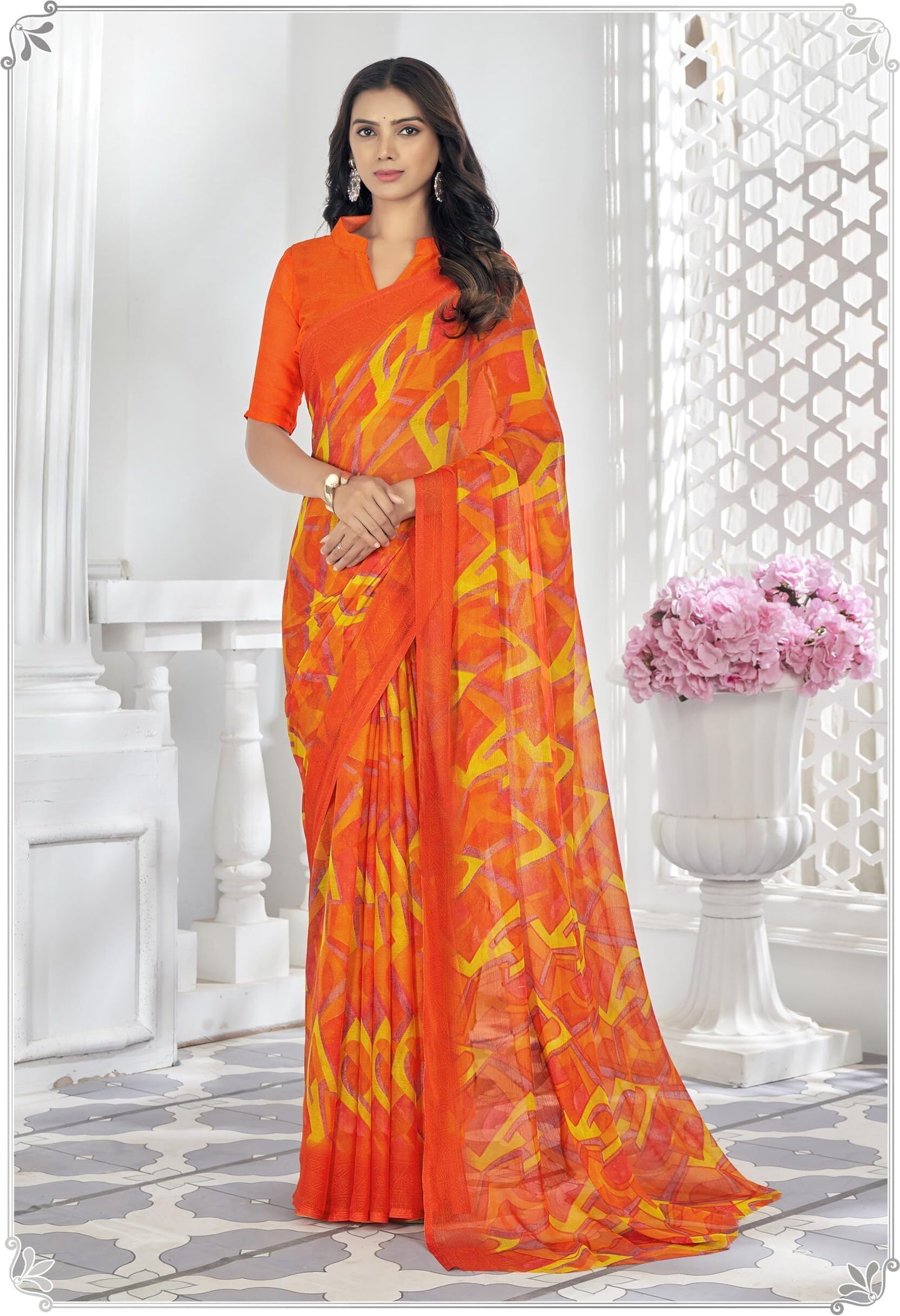 Graphic Print, Printed Bollywood Chiffon, Georgette Saree (Orange)